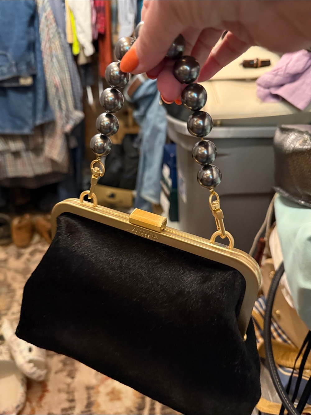 Spartina 449 Black Velvet Clutch with Gold Frame and Beaded Handle